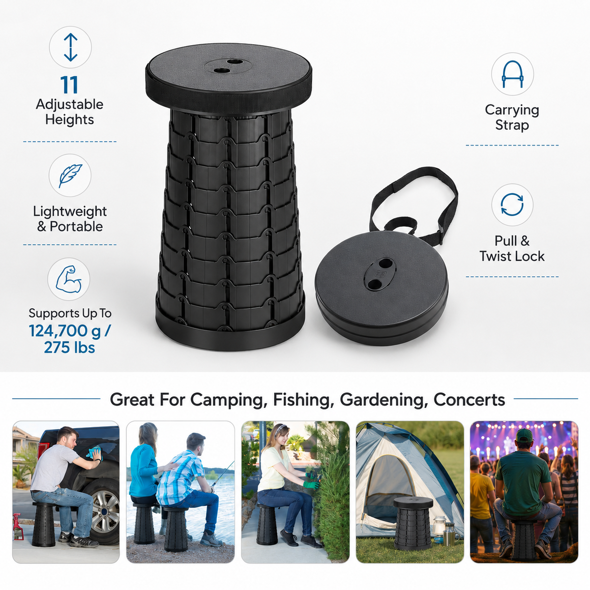 Retractable Camping Stool with Adjustable Height and Carrying Strap