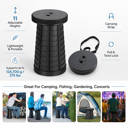 Retractable Camping Stool with Adjustable Height and Carrying Strap