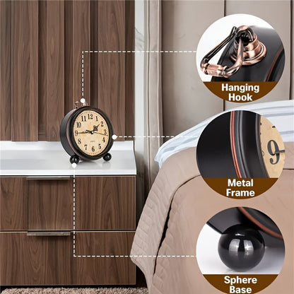 Retro Alarm Clock Silent Quartz Metal Bedside Desk Clock