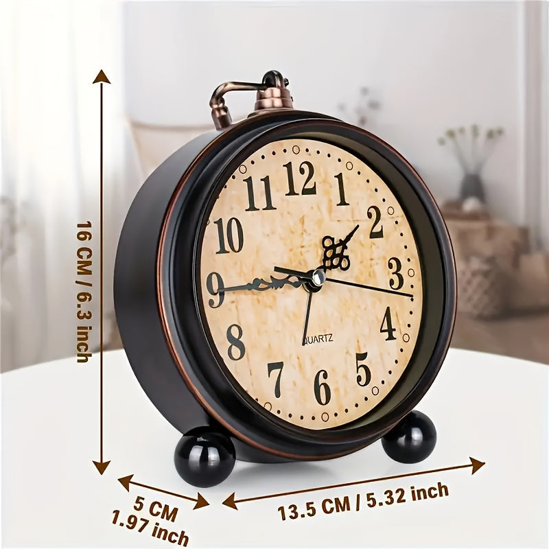 Retro Alarm Clock Silent Quartz Metal Bedside Desk Clock