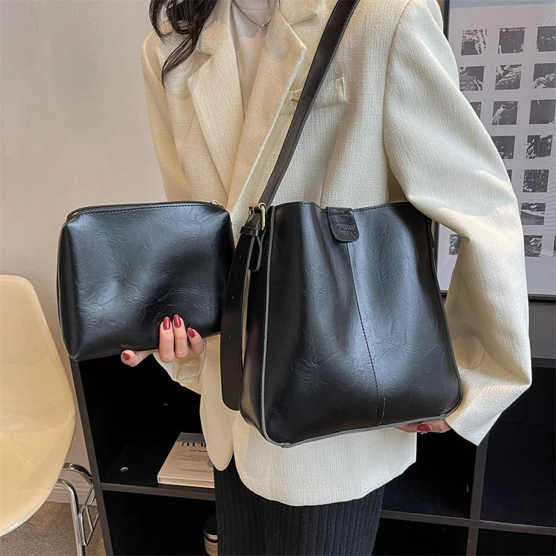 Retro Vegan Leather Tote Bag Set Large Shoulder Handbag