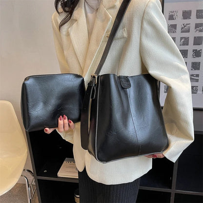 Retro Vegan Leather Tote Bag Set Large Shoulder Handbag