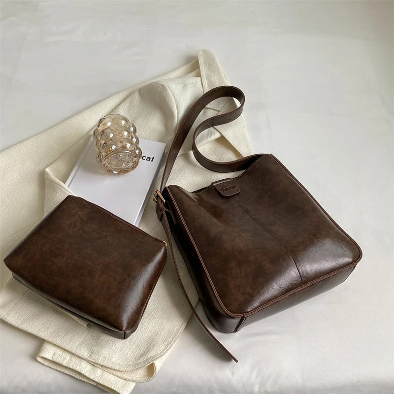 Retro Vegan Leather Tote Bag Set Large Shoulder Handbag