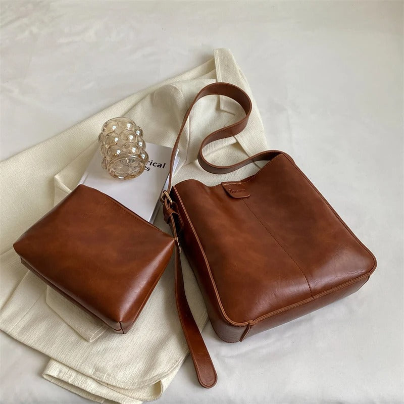 Retro Vegan Leather Tote Bag Set Large Shoulder Handbag