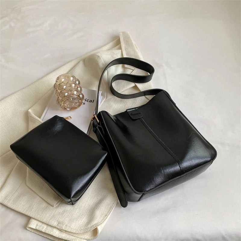 Retro Vegan Leather Tote Bag Set Large Shoulder Handbag