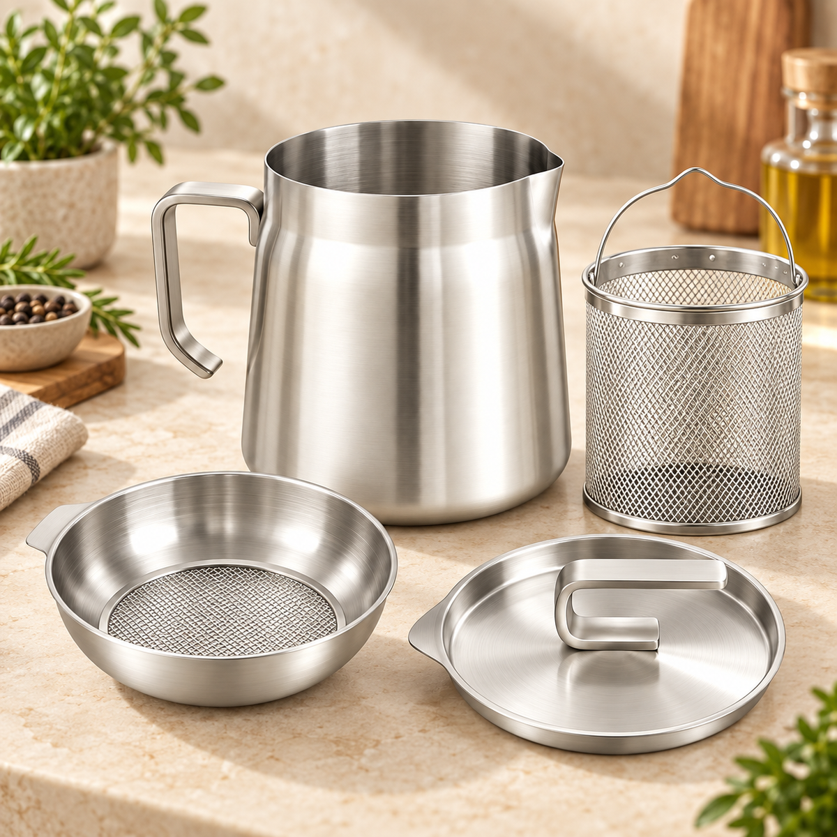 Reusable Stainless Steel Cooking Oil Strainer Pot with Integrated Filter