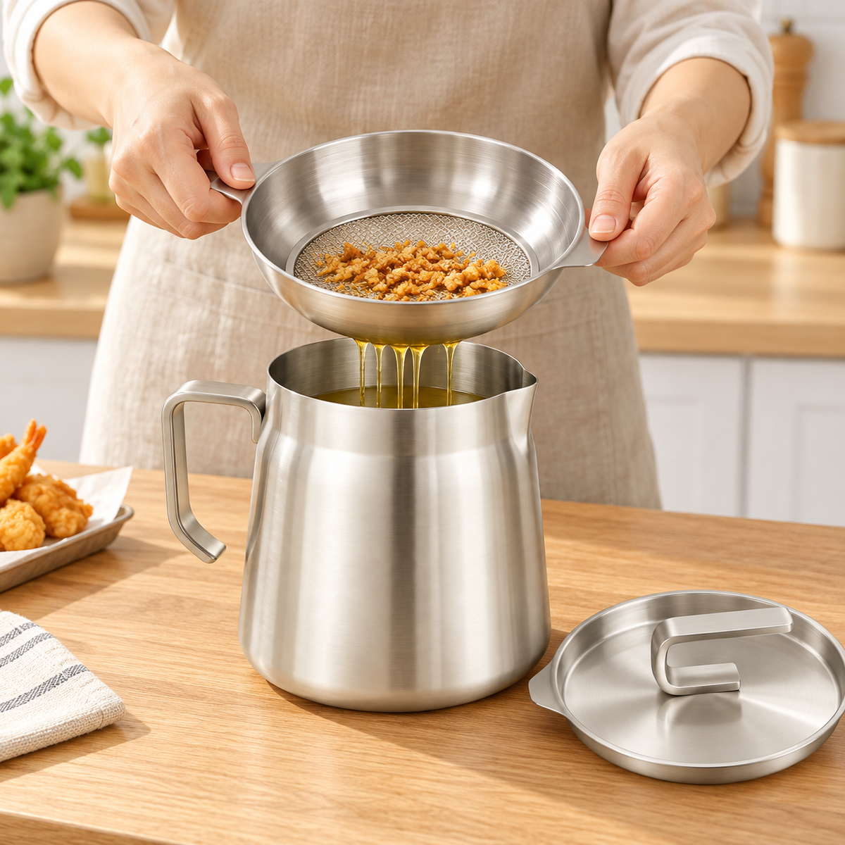 Reusable Stainless Steel Cooking Oil Strainer Pot with Integrated Filter