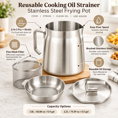Reusable Stainless Steel Cooking Oil Strainer Pot with Integrated Filter
