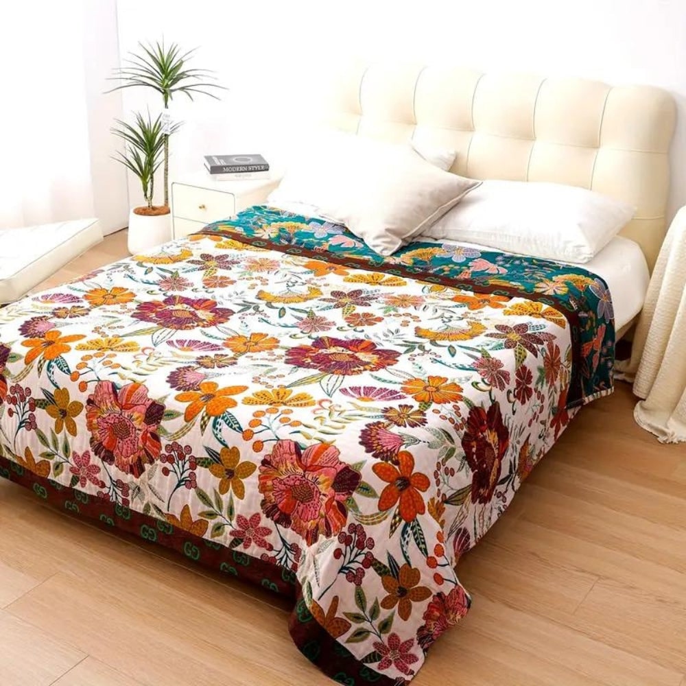 Reversible Cotton Floral Throw Blanket for Sofa Bed and Home Decor
