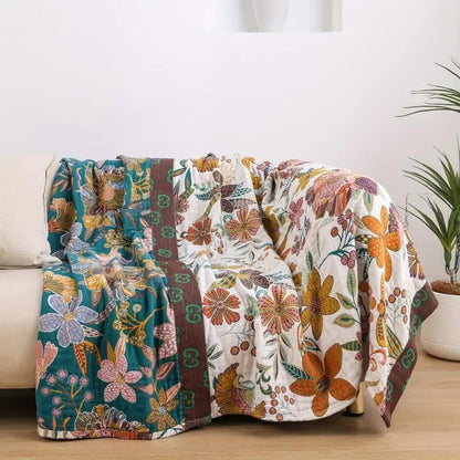 Reversible Cotton Floral Throw Blanket for Sofa Bed and Home Decor