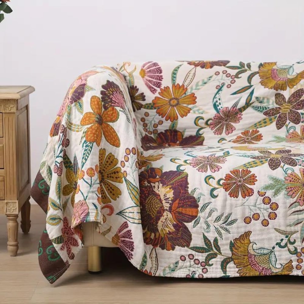 Reversible Cotton Floral Throw Blanket for Sofa Bed and Home Decor