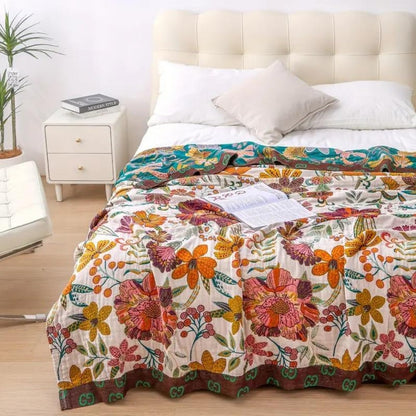 Reversible Cotton Floral Throw Blanket for Sofa Bed and Home Decor