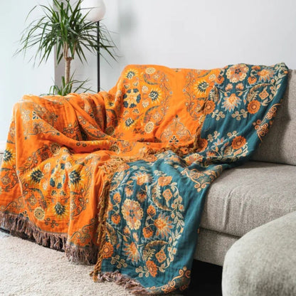 Reversible Cotton Gauze Throw Blanket with Floral Pattern and Fringe