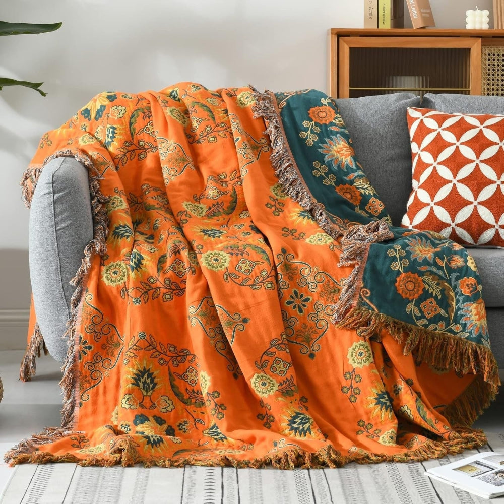 Reversible Cotton Gauze Throw Blanket with Floral Pattern and Fringe