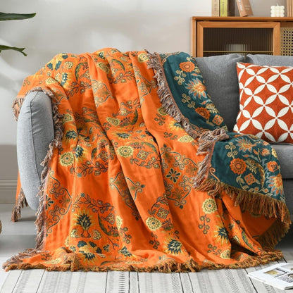 Reversible Cotton Gauze Throw Blanket with Floral Pattern and Fringe