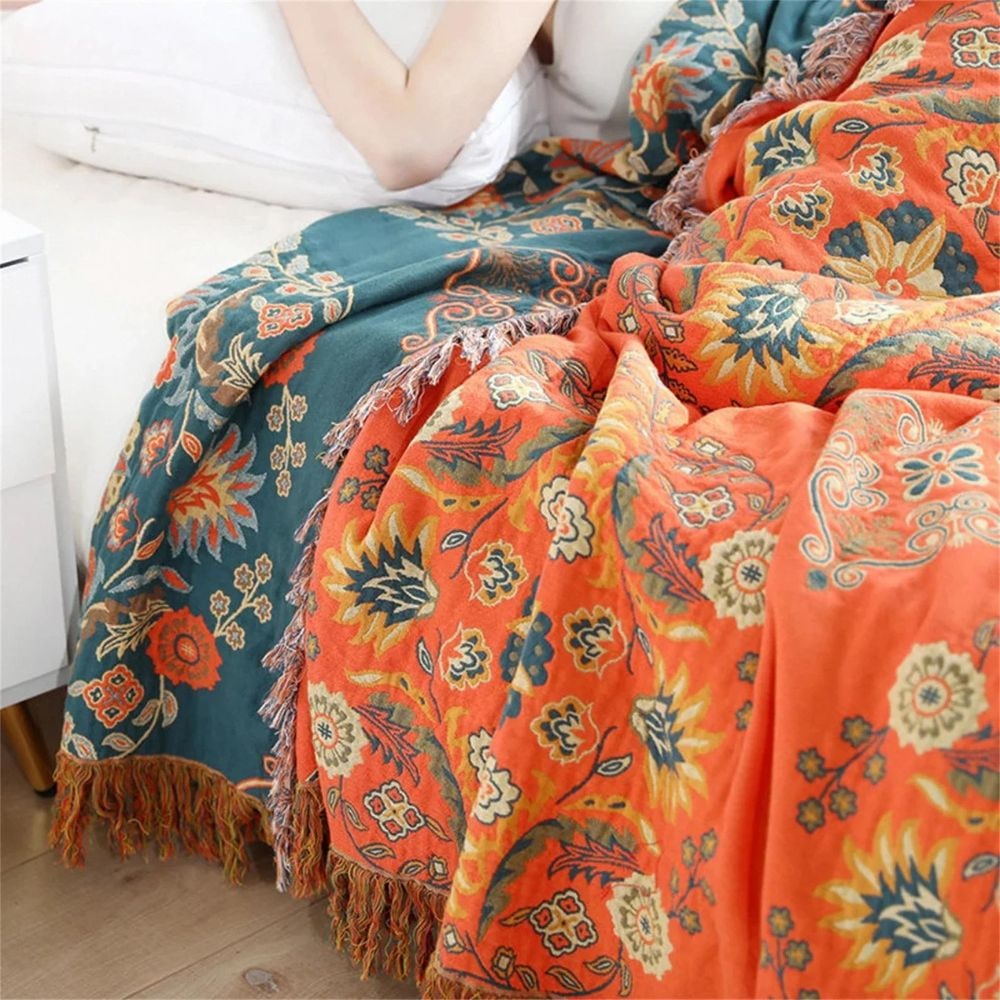 Reversible Cotton Gauze Throw Blanket with Floral Pattern and Fringe