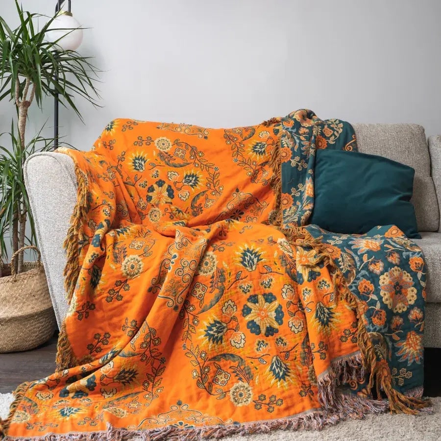 Reversible Cotton Gauze Throw Blanket with Floral Pattern and Fringe