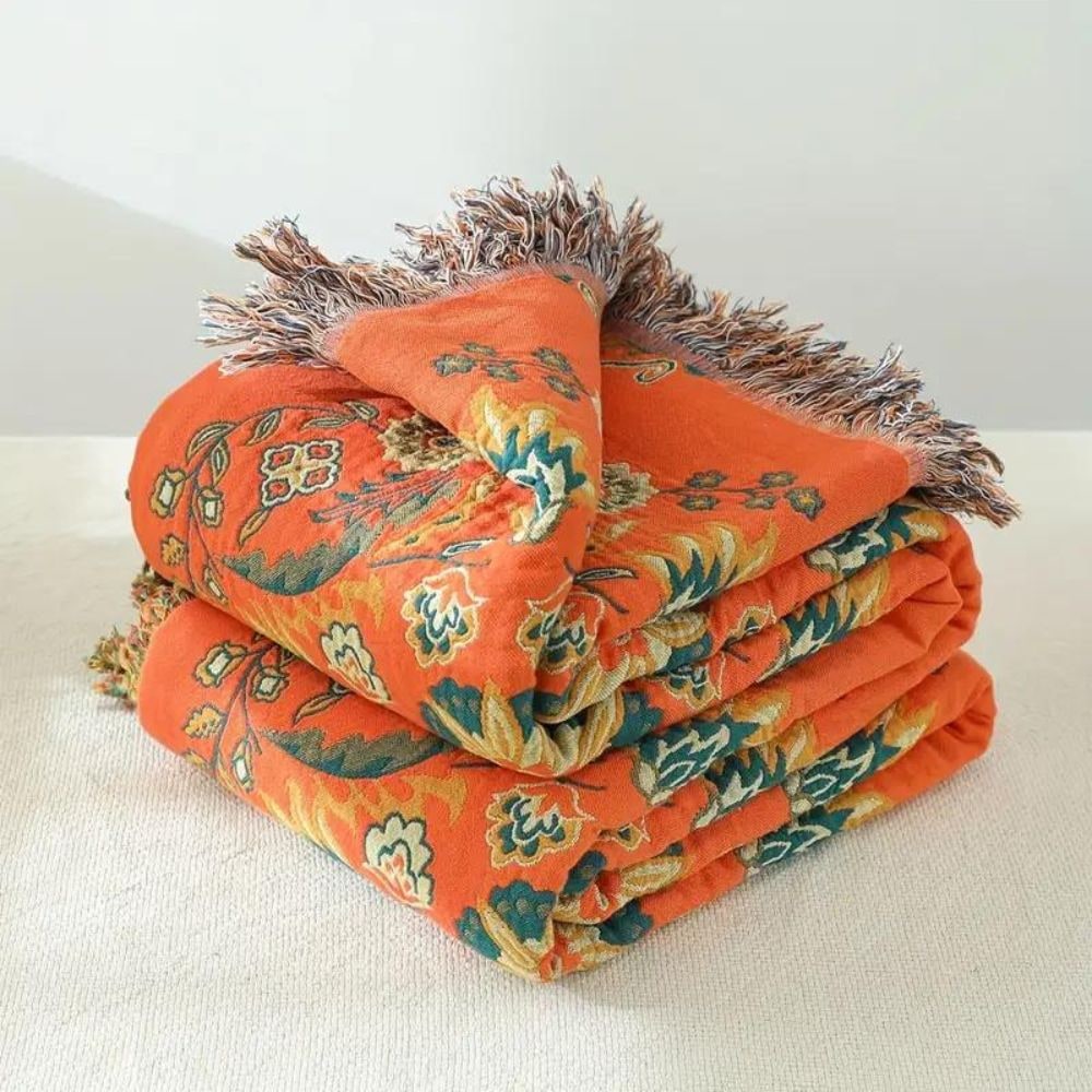Reversible Cotton Gauze Throw Blanket with Floral Pattern and Fringe