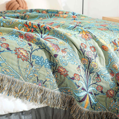 Reversible Woven Cotton Throw Blanket Soft Floral Quilt with Tassels
