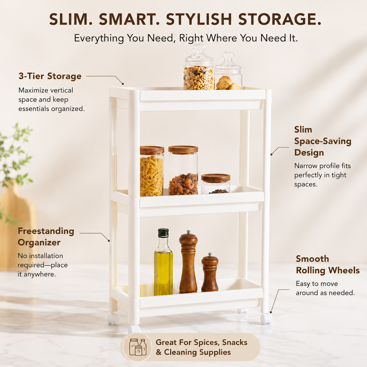 Rolling Kitchen Storage Rack with 3-Tier Slim Space-Saving Design