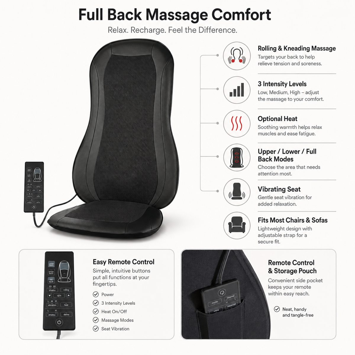 Rolling Massage Seat Cushion with Vibrating Massage, Heat and 3 Intensity Levels