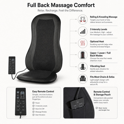 Rolling Massage Seat Cushion with Vibrating Massage, Heat and 3 Intensity Levels