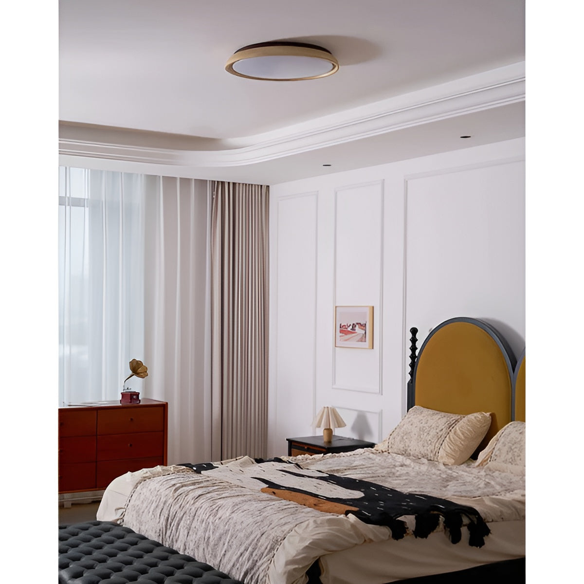 Round Ceiling Light Travertine Wood LED Ceiling Lamp