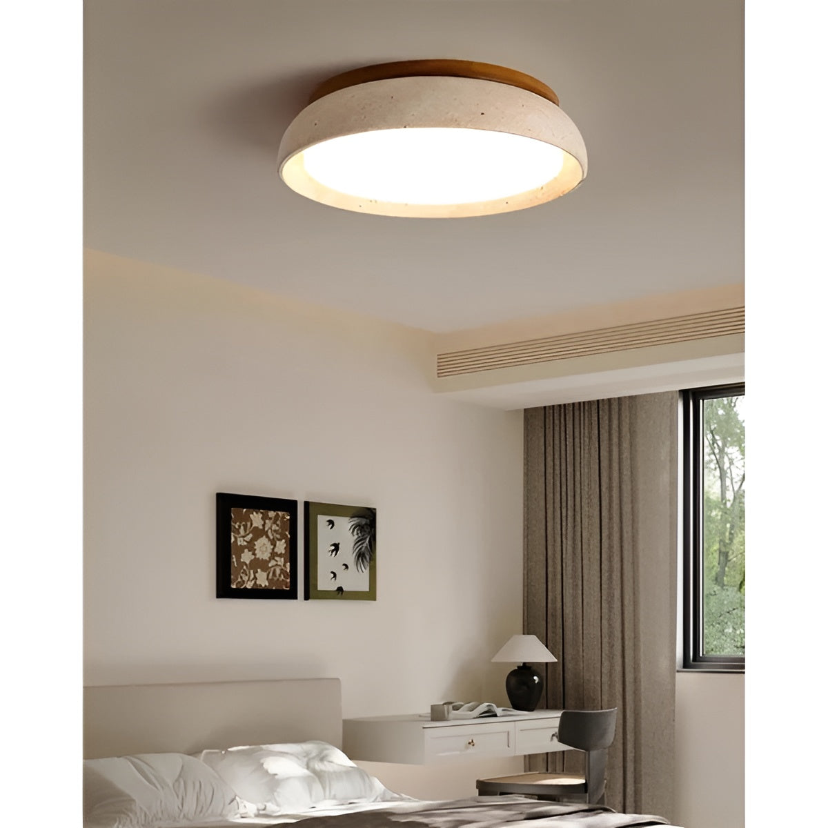 Round Ceiling Light Travertine Wood LED Ceiling Lamp