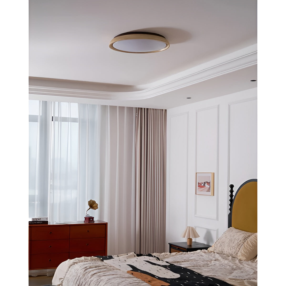 Round Ceiling Light Travertine Wood LED Ceiling Lamp