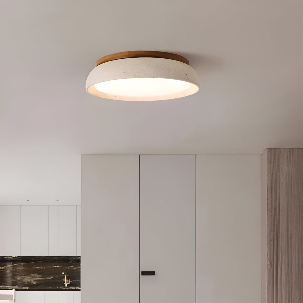 Round Ceiling Light Travertine Wood LED Ceiling Lamp