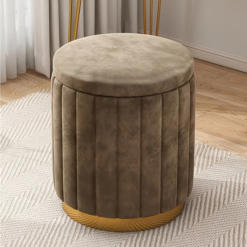 Round Storage Ottoman Pouf Luxury Fabric Mirror Finish Seat Footstool