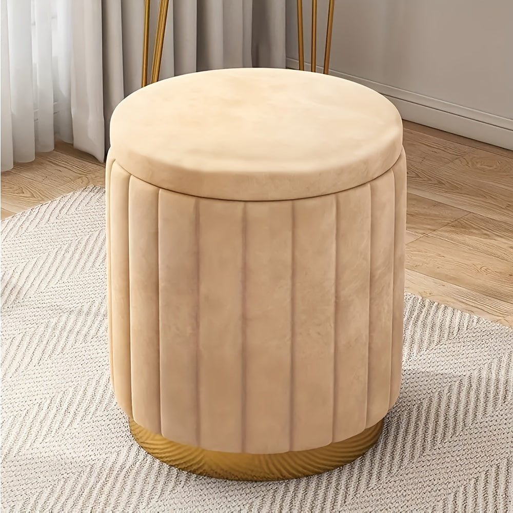 Round Storage Ottoman Pouf Luxury Fabric Mirror Finish Seat Footstool