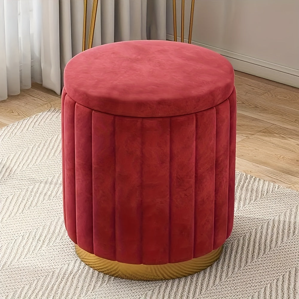 Round Storage Ottoman Pouf Luxury Fabric Mirror Finish Seat Footstool