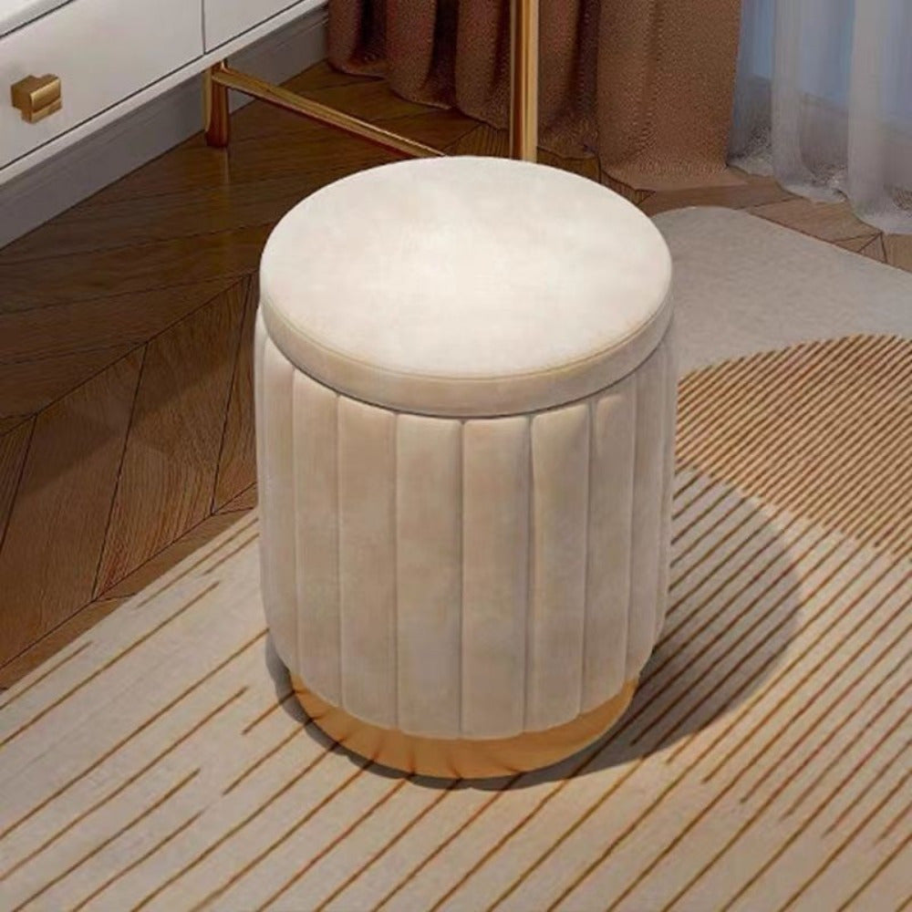 Round Storage Ottoman Pouf Luxury Fabric Mirror Finish Seat Footstool