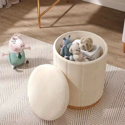 Round Storage Ottoman Pouf Luxury Fabric Mirror Finish Seat Footstool