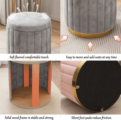 Round Storage Ottoman Pouf Luxury Fabric Mirror Finish Seat Footstool