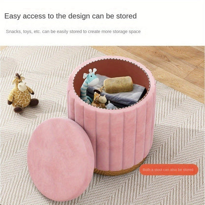 Round Storage Ottoman Pouf Luxury Fabric Mirror Finish Seat Footstool