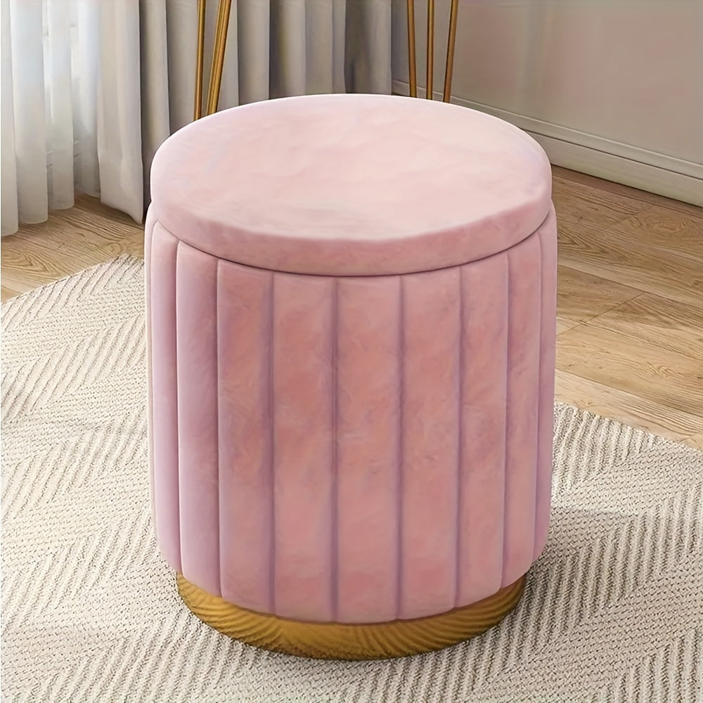 Round Storage Ottoman Pouf Luxury Fabric Mirror Finish Seat Footstool