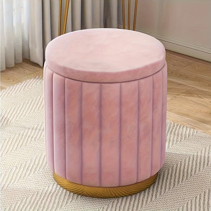 Round Storage Ottoman Pouf Luxury Fabric Mirror Finish Seat Footstool