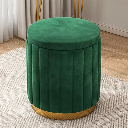 Round Storage Ottoman Pouf Luxury Fabric Mirror Finish Seat Footstool
