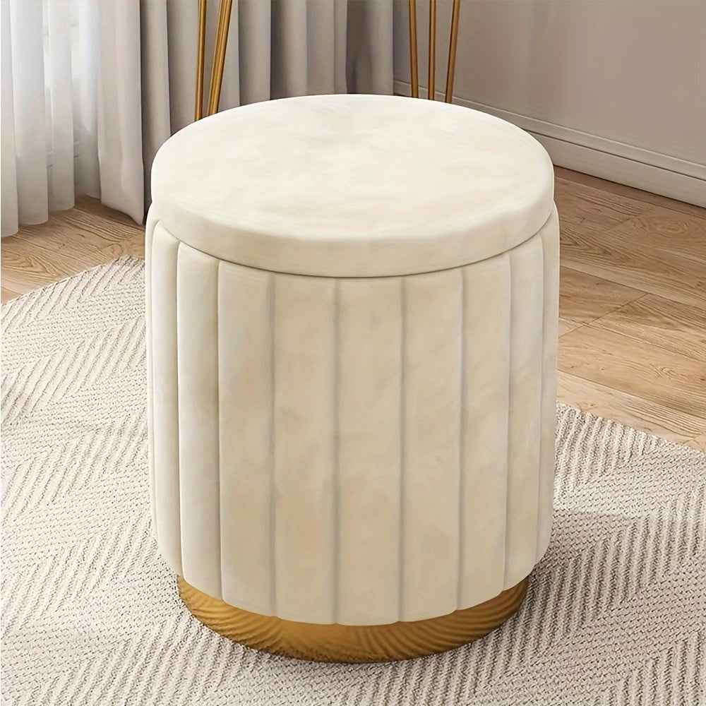 Round Storage Ottoman Pouf Luxury Fabric Mirror Finish Seat Footstool