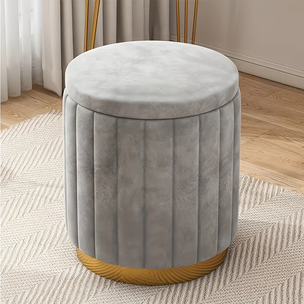 Round Storage Ottoman Pouf Luxury Fabric Mirror Finish Seat Footstool