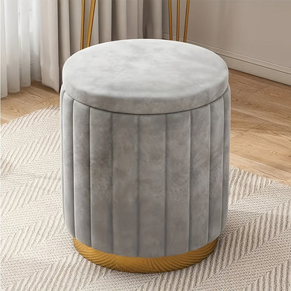 Round Storage Ottoman Pouf Luxury Fabric Mirror Finish Seat Footstool