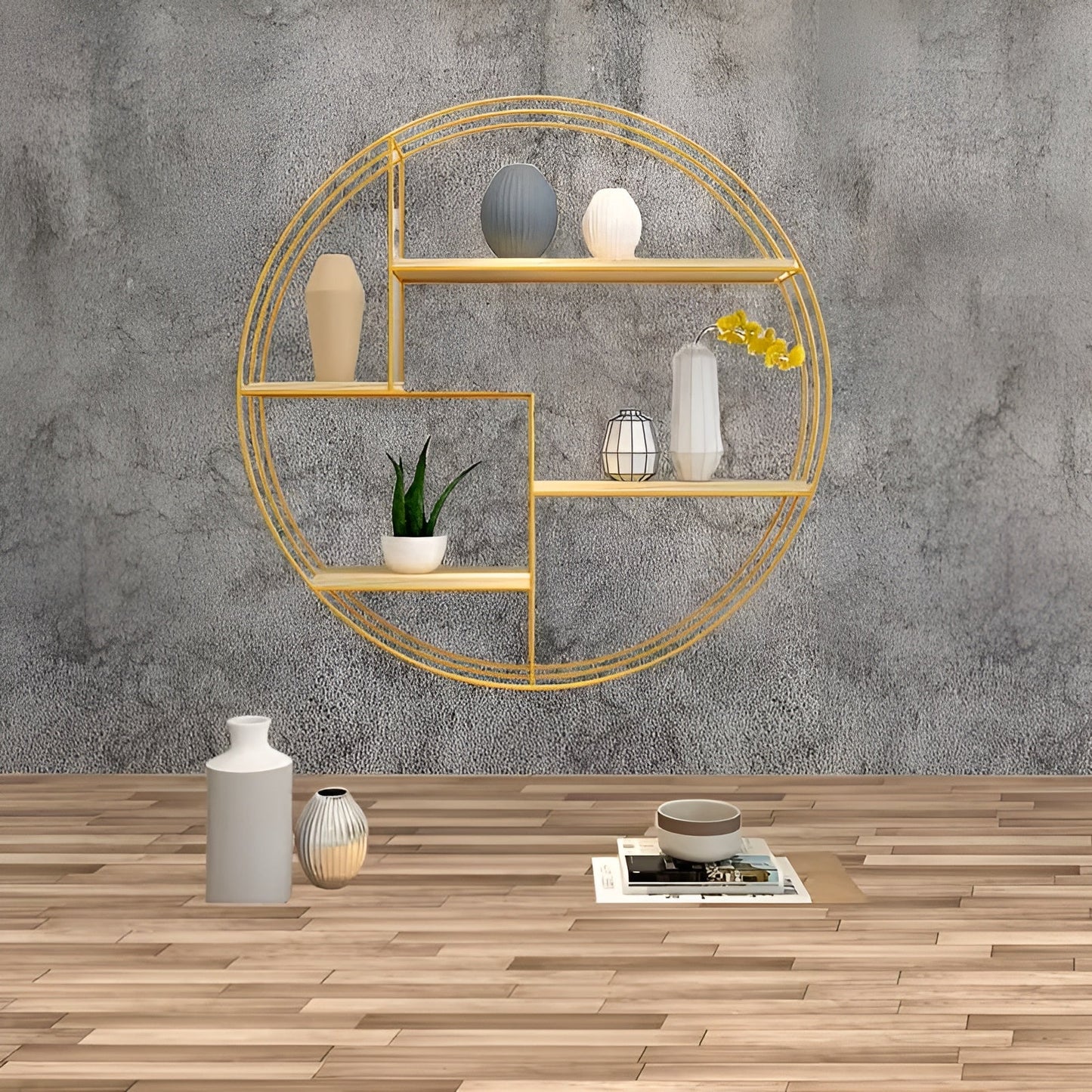 Round Wall Shelf Four Tier Retro Wooden Storage Display