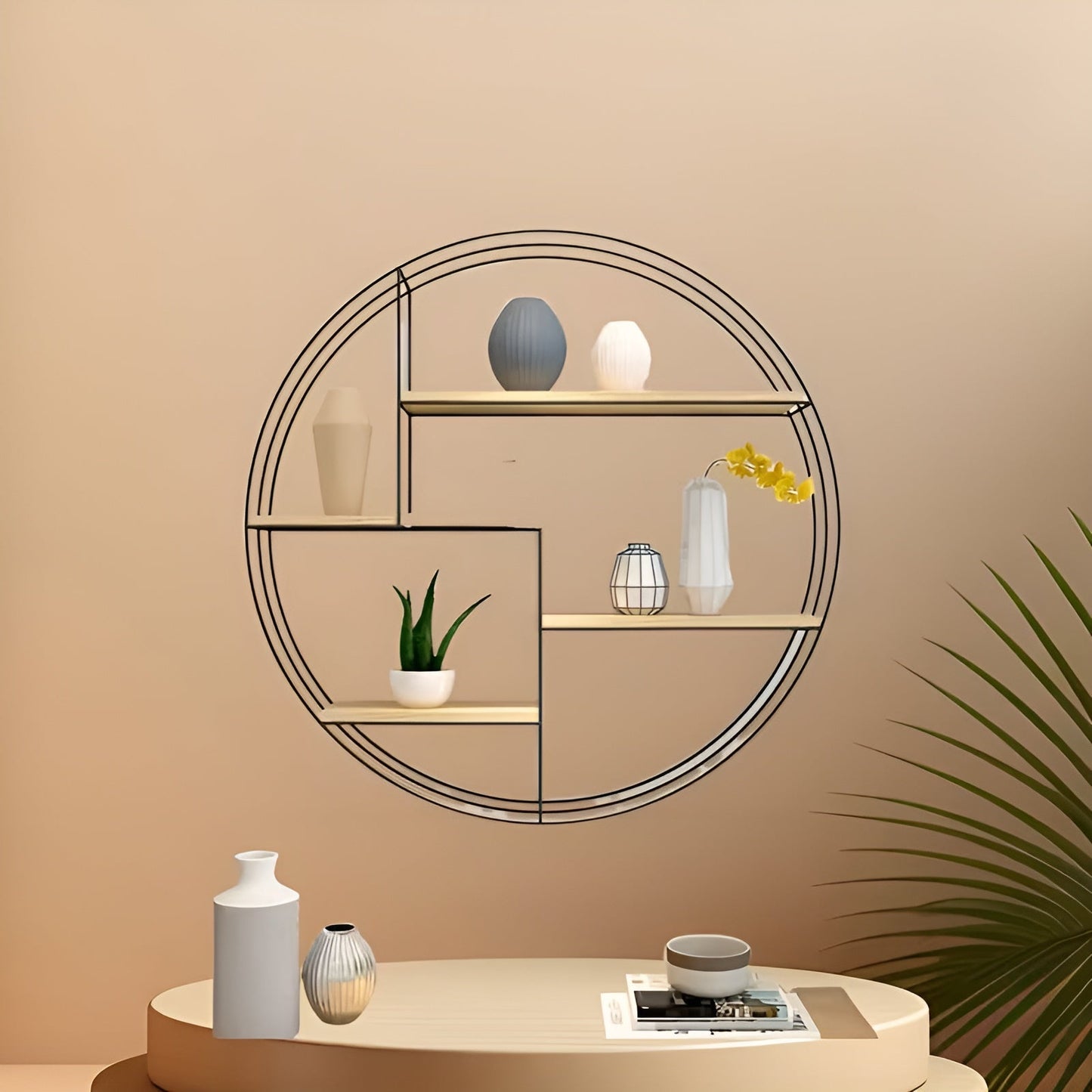 Round Wall Shelf Four Tier Retro Wooden Storage Display