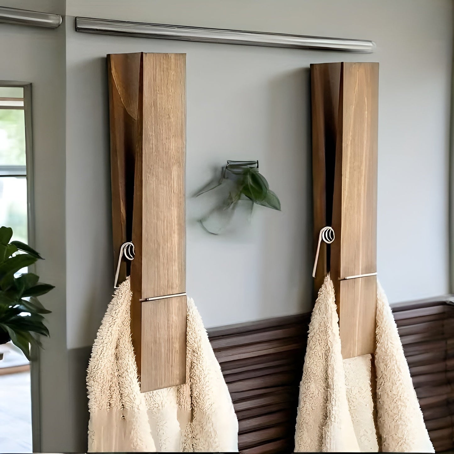 Rustic Wooden Towel Holder Set Vintage Industrial Wall Rack