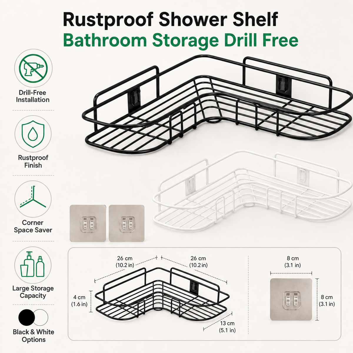 Rustproof Drill-Free Shower Shelf with Adhesive Mount for Bathroom Storage