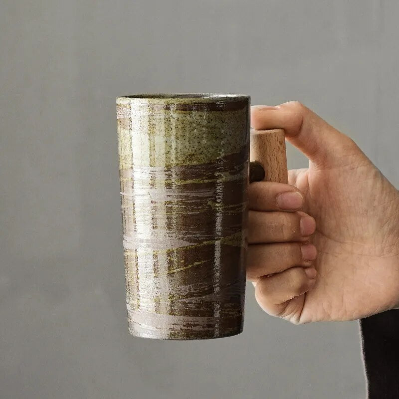 Scandinavian Ceramic Latte Mug Wooden Handle Coffee Cup