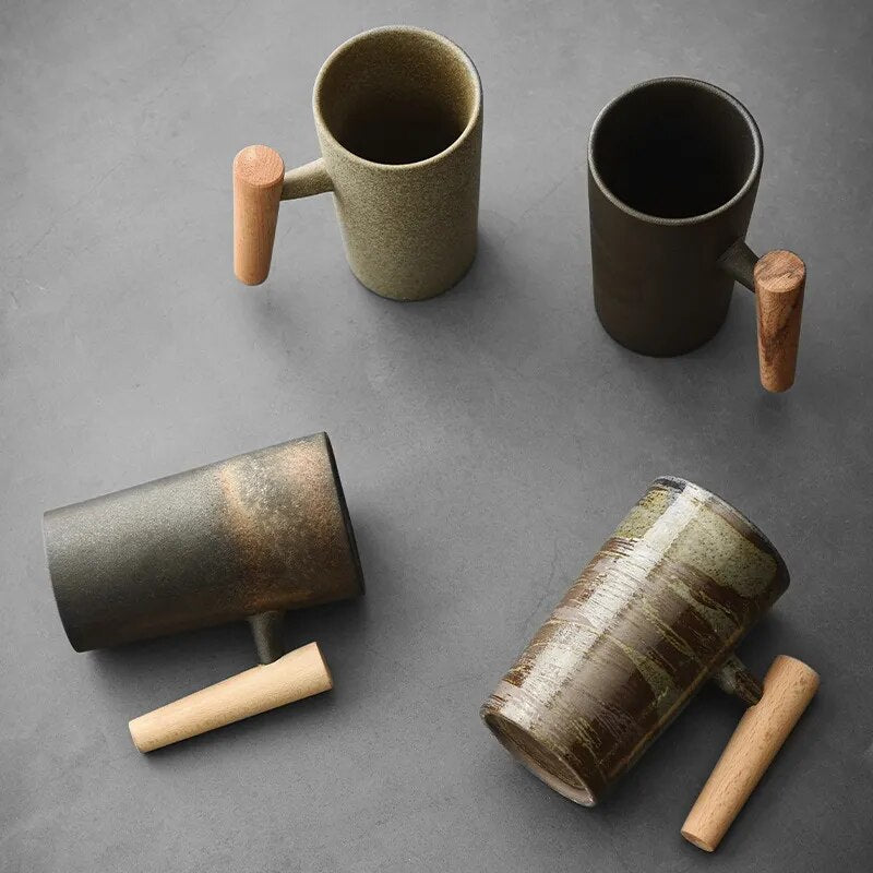 Scandinavian Ceramic Latte Mug Wooden Handle Coffee Cup