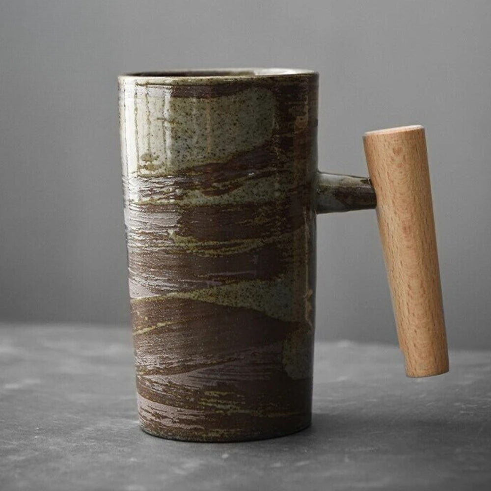 Scandinavian Ceramic Latte Mug Wooden Handle Coffee Cup